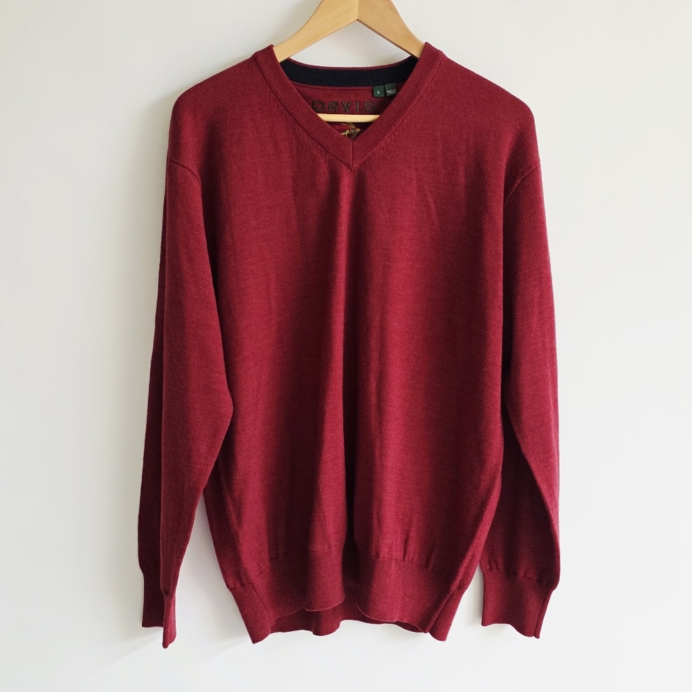 ORVIS 100% Merino Wool Red Wine Color V-Neck Pullover Sweater Men's Size L